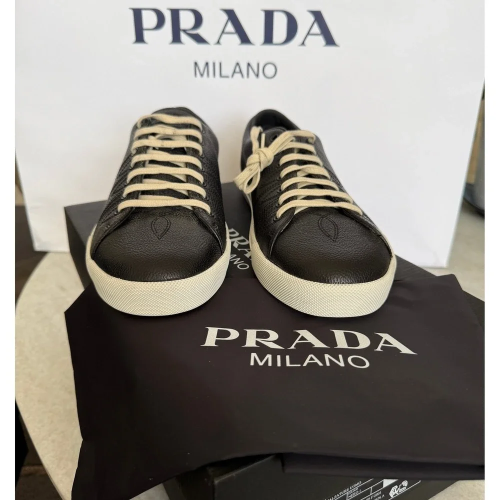 Prada 2EE448 Age Effect Men's Black Nappa Leather Sneakers Shoes, Size UK 8 - Picture 2 of 16